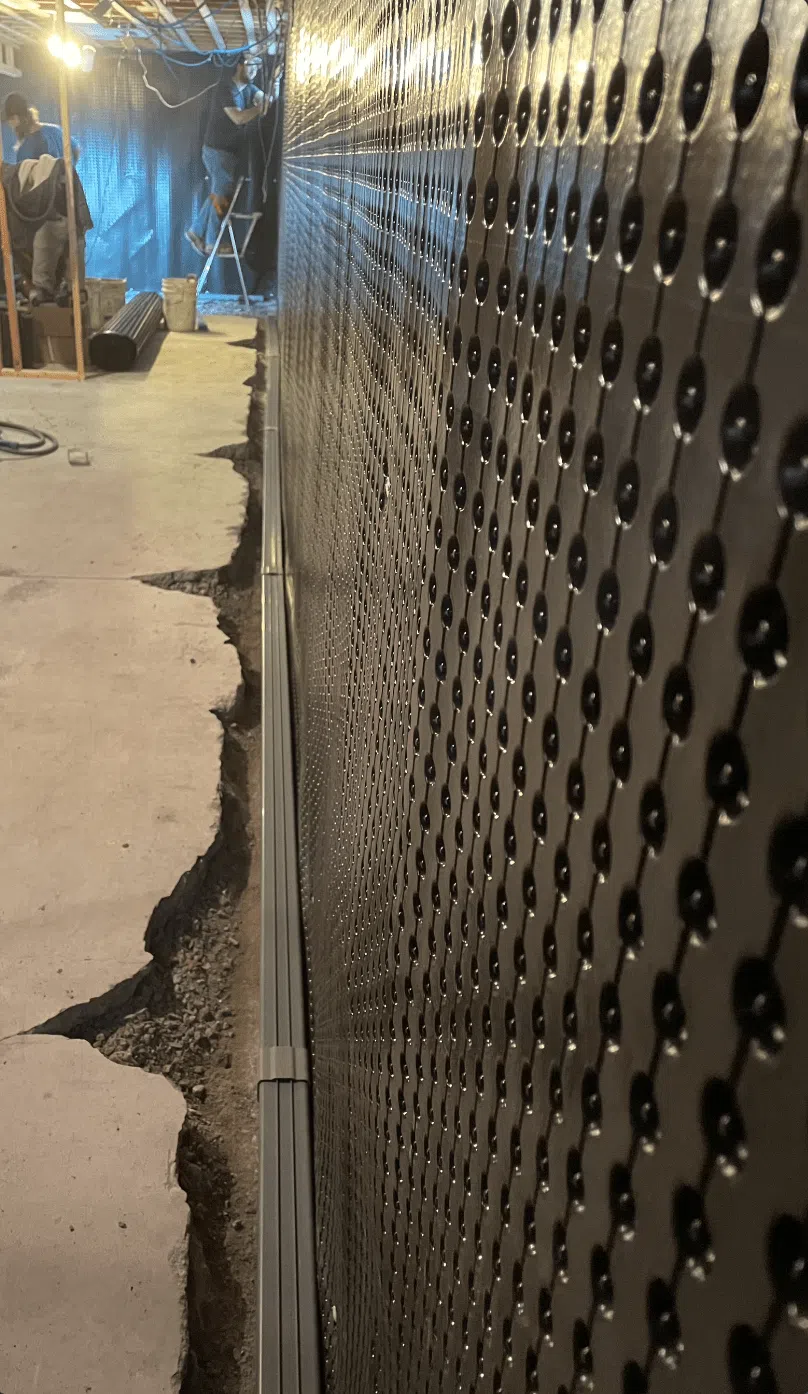Foundation specialist inspecting wall crack patterns and moisture intrusion with diagnostic tools