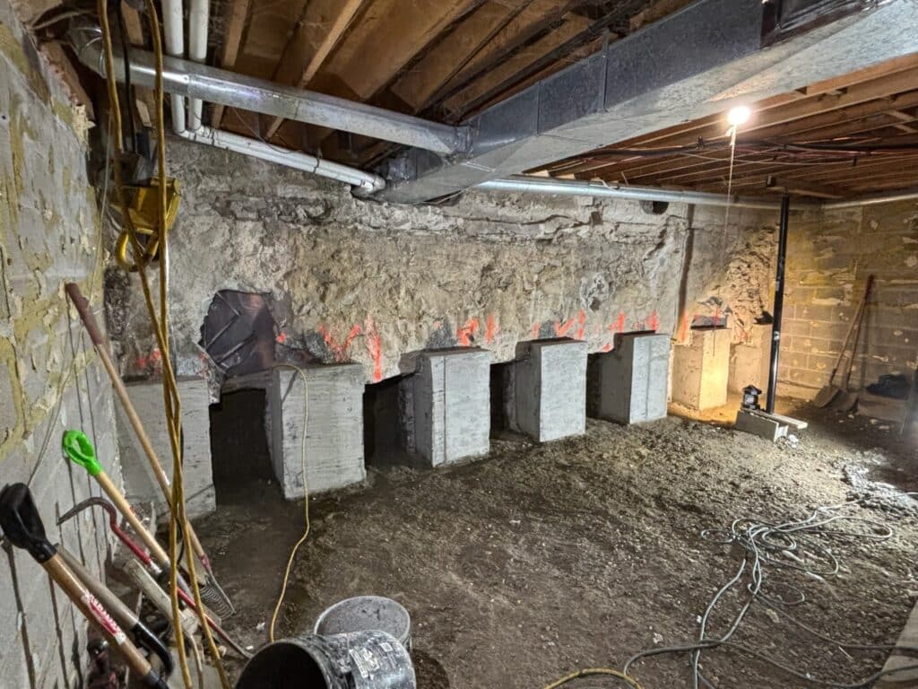 Foundation Underpinning near me, New egress window installed beside a finished basement room with added daylight, Technician measuring foundation opening and drainage area for basement egress window